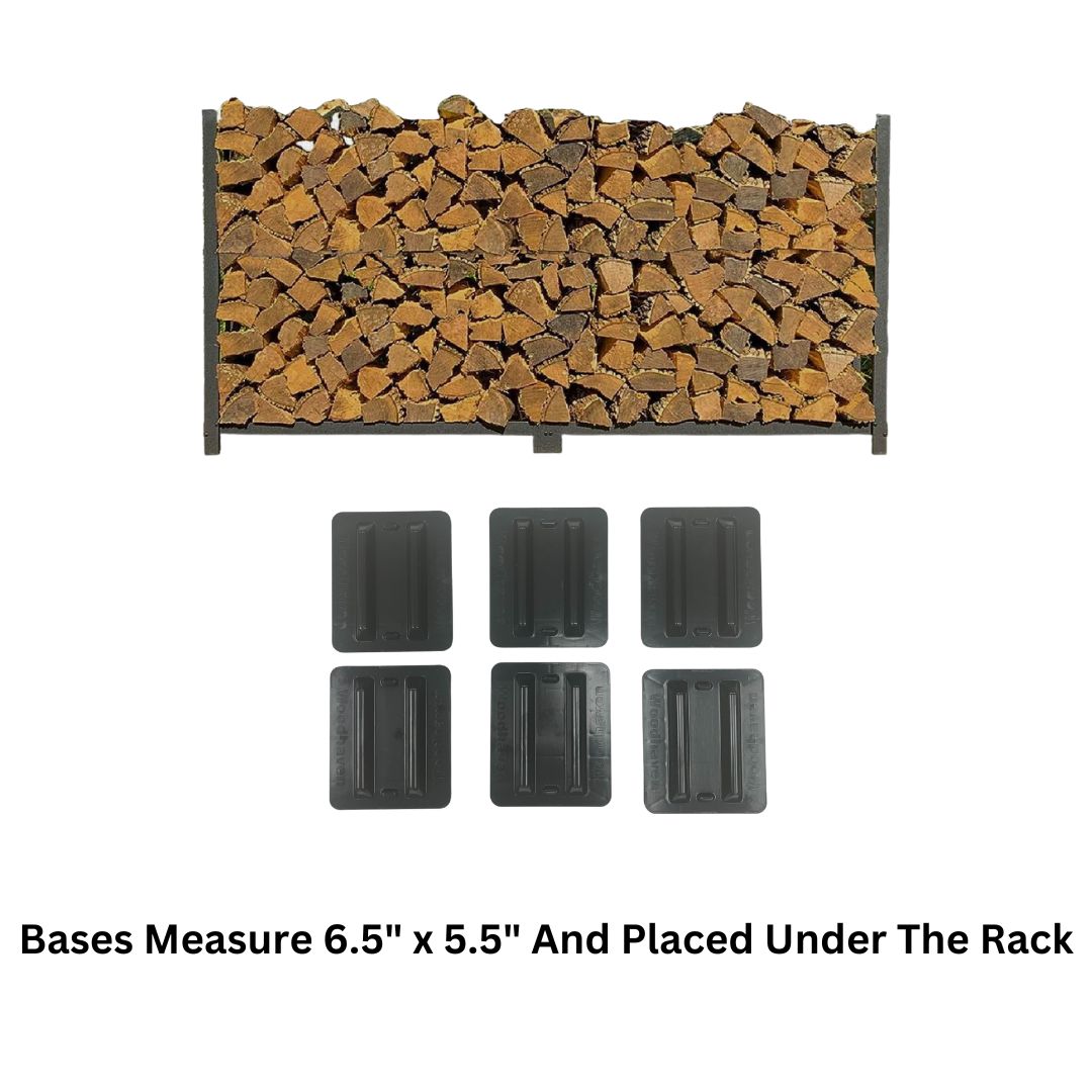 The Woodhaven 8 ft Steel Firewood Rack in black and brown with optional seasoning cover and support bases