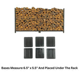 The Woodhaven 8 ft Steel Firewood Rack in black and brown with optional seasoning cover and support bases