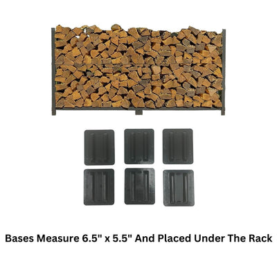 The Woodhaven 8 ft Steel Firewood Rack in black and brown with optional seasoning cover and support bases