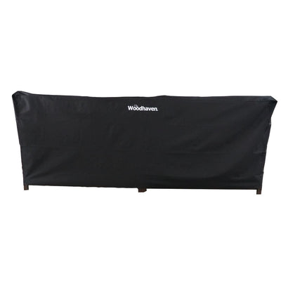 Woodhaven Full Firewood Rack Cover on firewood rack in outdoor setting