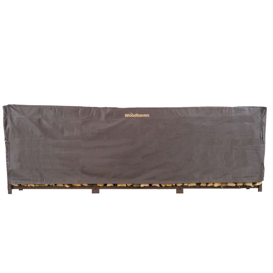 Woodhaven Full Firewood Rack Cover on firewood rack in outdoor setting
