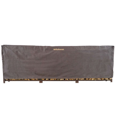 Woodhaven Full Firewood Rack Cover on firewood rack in outdoor setting