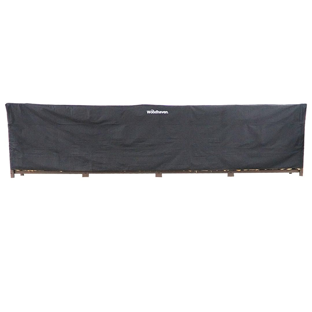 Woodhaven Full Firewood Rack Cover on firewood rack in outdoor setting