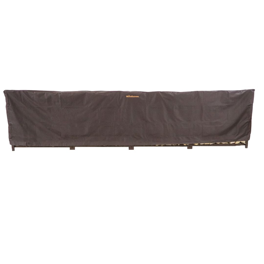 Woodhaven Full Firewood Rack Cover on firewood rack in outdoor setting