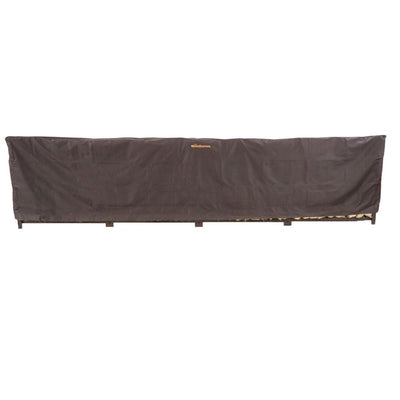 Woodhaven Full Firewood Rack Cover on firewood rack in outdoor setting