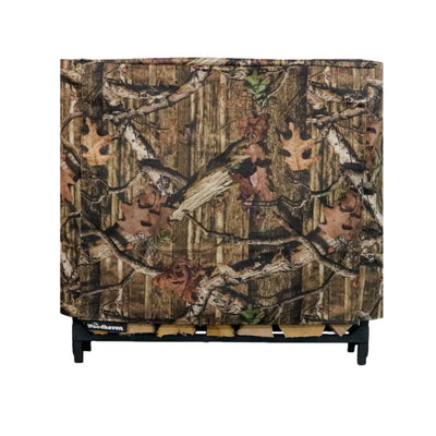 Woodhaven Full Firewood Rack Cover on firewood rack in outdoor setting