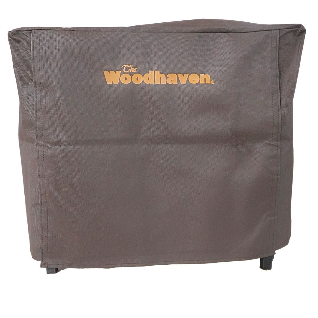Woodhaven Full Firewood Rack Cover on firewood rack in outdoor setting