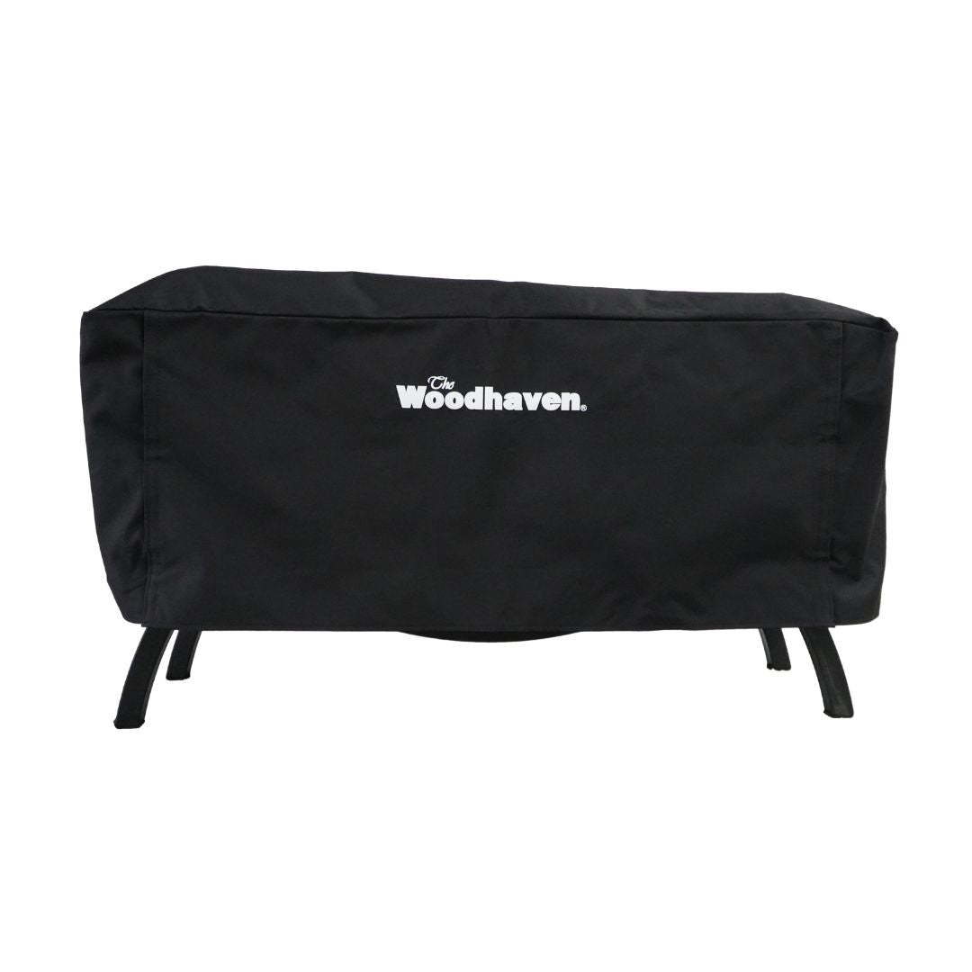 Woodhaven Full Firewood Rack Cover on firewood rack in outdoor setting