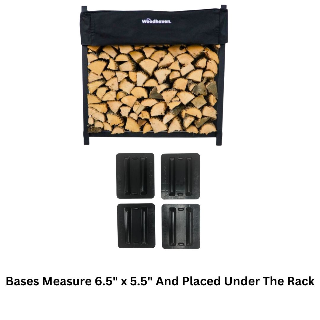 Woodhaven 4 ft Firewood Rack holding stacked firewood outdoors