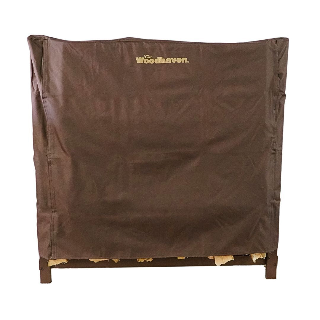 Woodhaven Full Firewood Rack Cover on firewood rack in outdoor setting