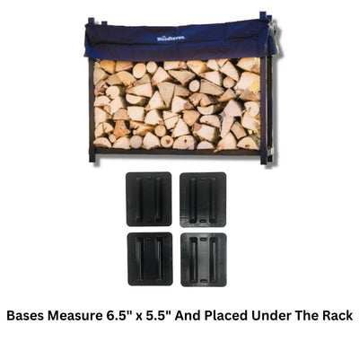 The Woodhaven 5 ft Firewood Rack in black showing stacked firewood on a patio