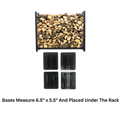 The Woodhaven 5 ft Firewood Rack in black showing stacked firewood on a patio