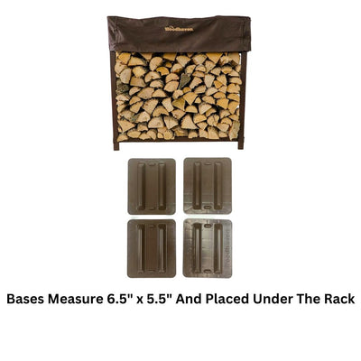 The Woodhaven 5 ft Firewood Rack in black showing stacked firewood on a patio