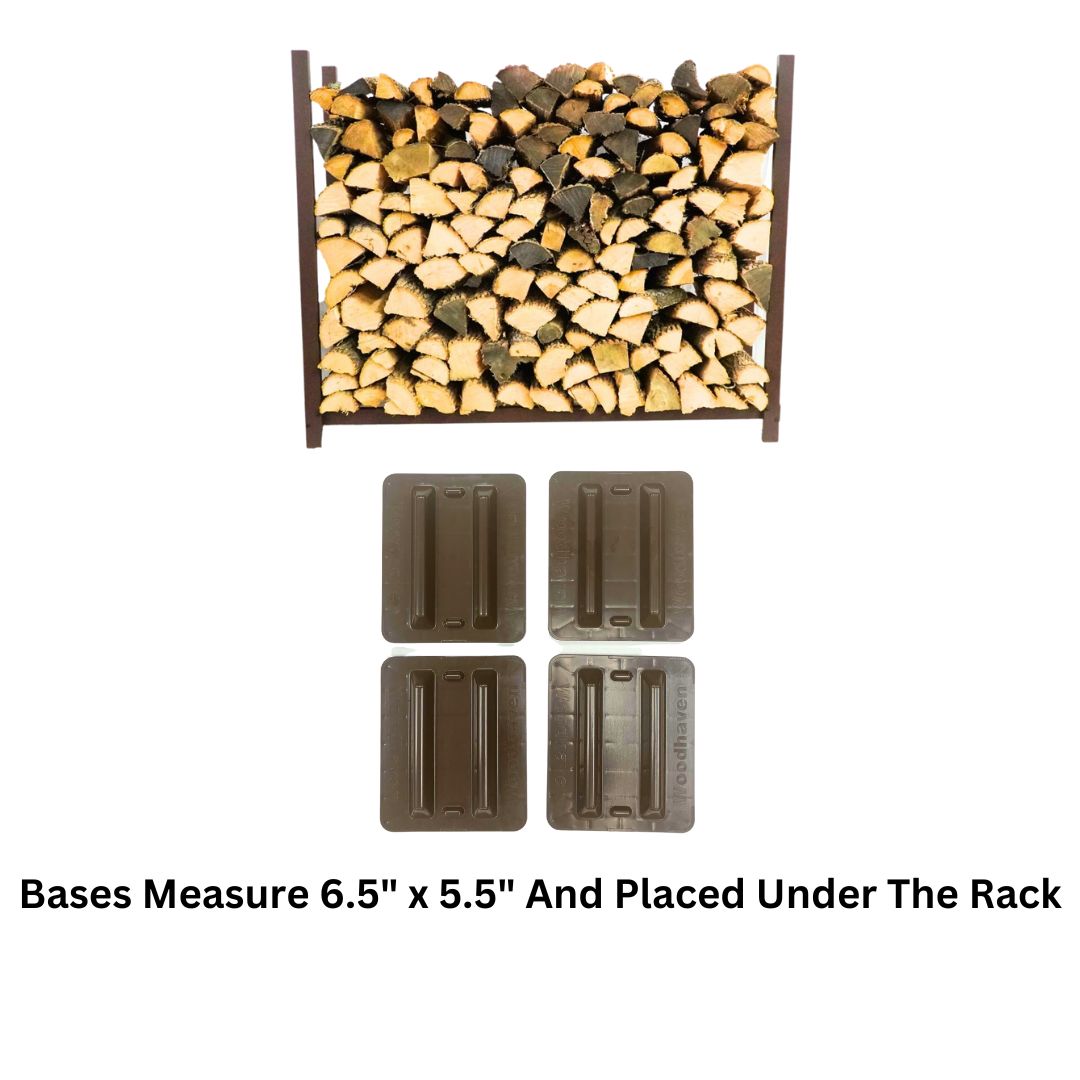 The Woodhaven 5 ft Firewood Rack in black showing stacked firewood on a patio