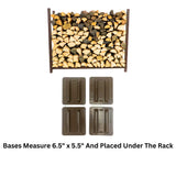 The Woodhaven 5 ft Firewood Rack in black showing stacked firewood on a patio