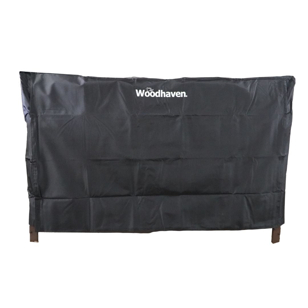Woodhaven Full Firewood Rack Cover on firewood rack in outdoor setting