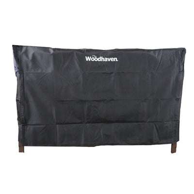Woodhaven Full Firewood Rack Cover on firewood rack in outdoor setting