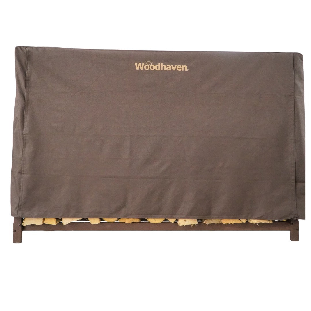 Woodhaven Full Firewood Rack Cover on firewood rack in outdoor setting