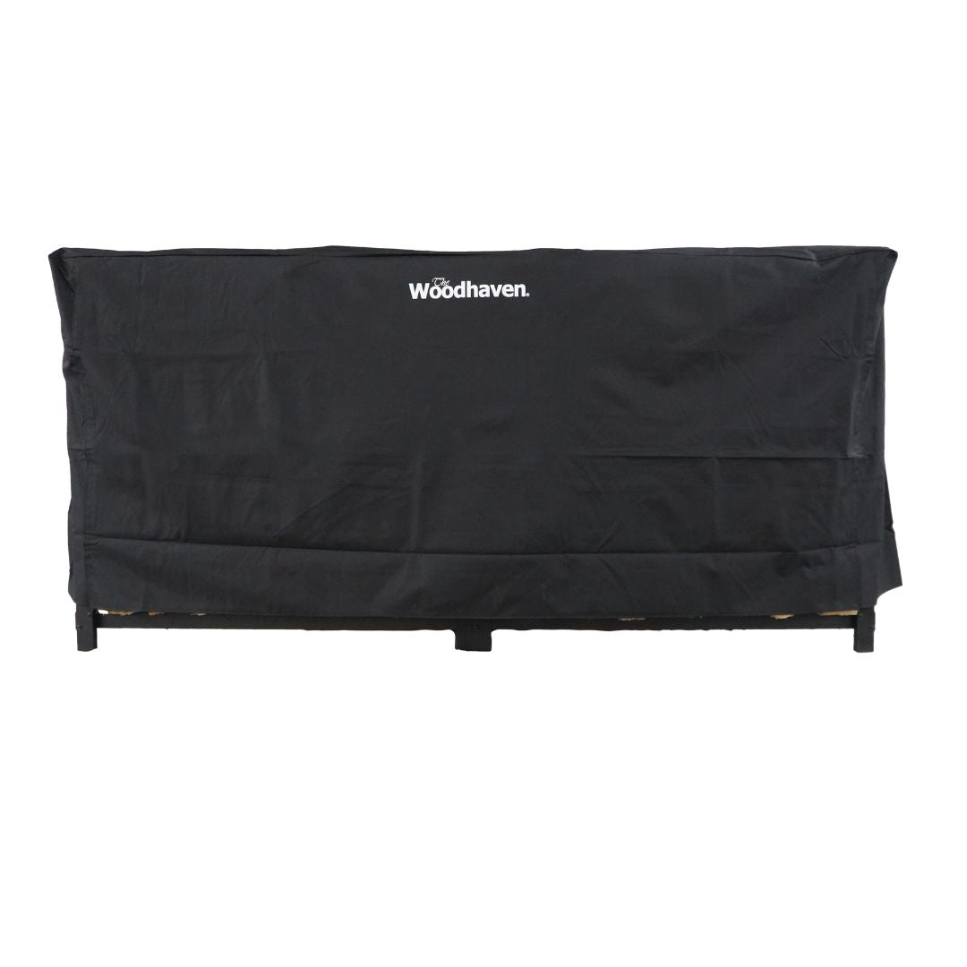 Woodhaven Full Firewood Rack Cover on firewood rack in outdoor setting