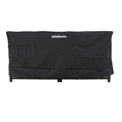 Woodhaven Full Firewood Rack Cover on firewood rack in outdoor setting