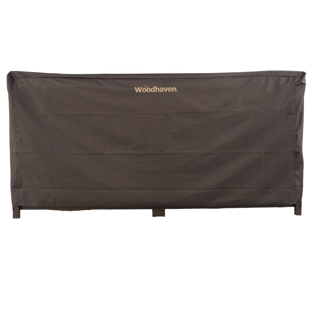 Woodhaven Full Firewood Rack Cover on firewood rack in outdoor setting