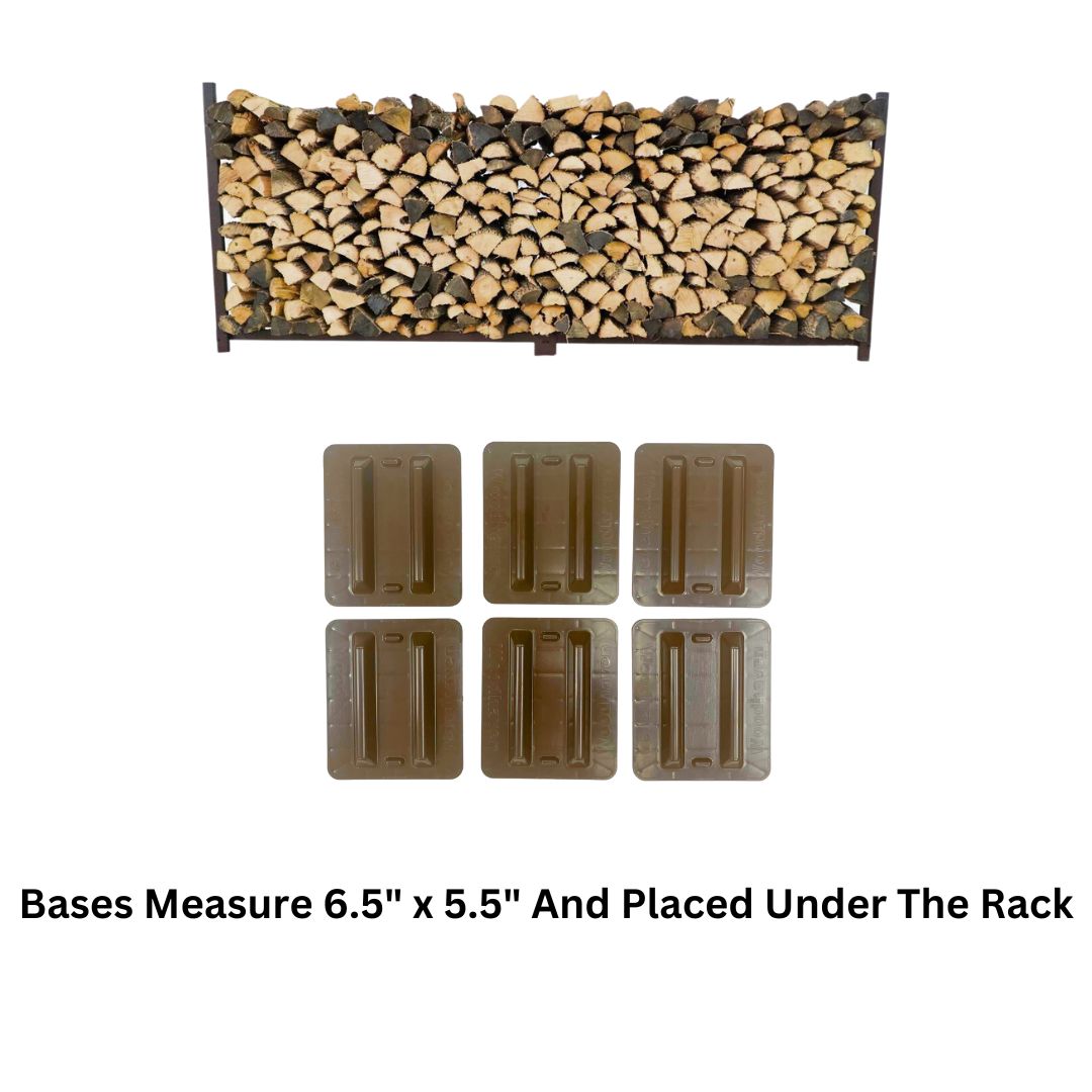The Woodhaven 8 ft Steel Firewood Rack in black and brown with optional seasoning cover and support bases