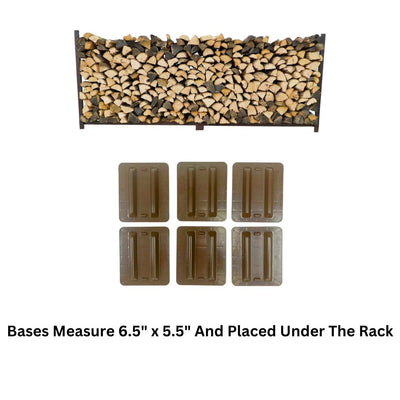 The Woodhaven 8 ft Steel Firewood Rack in black and brown with optional seasoning cover and support bases