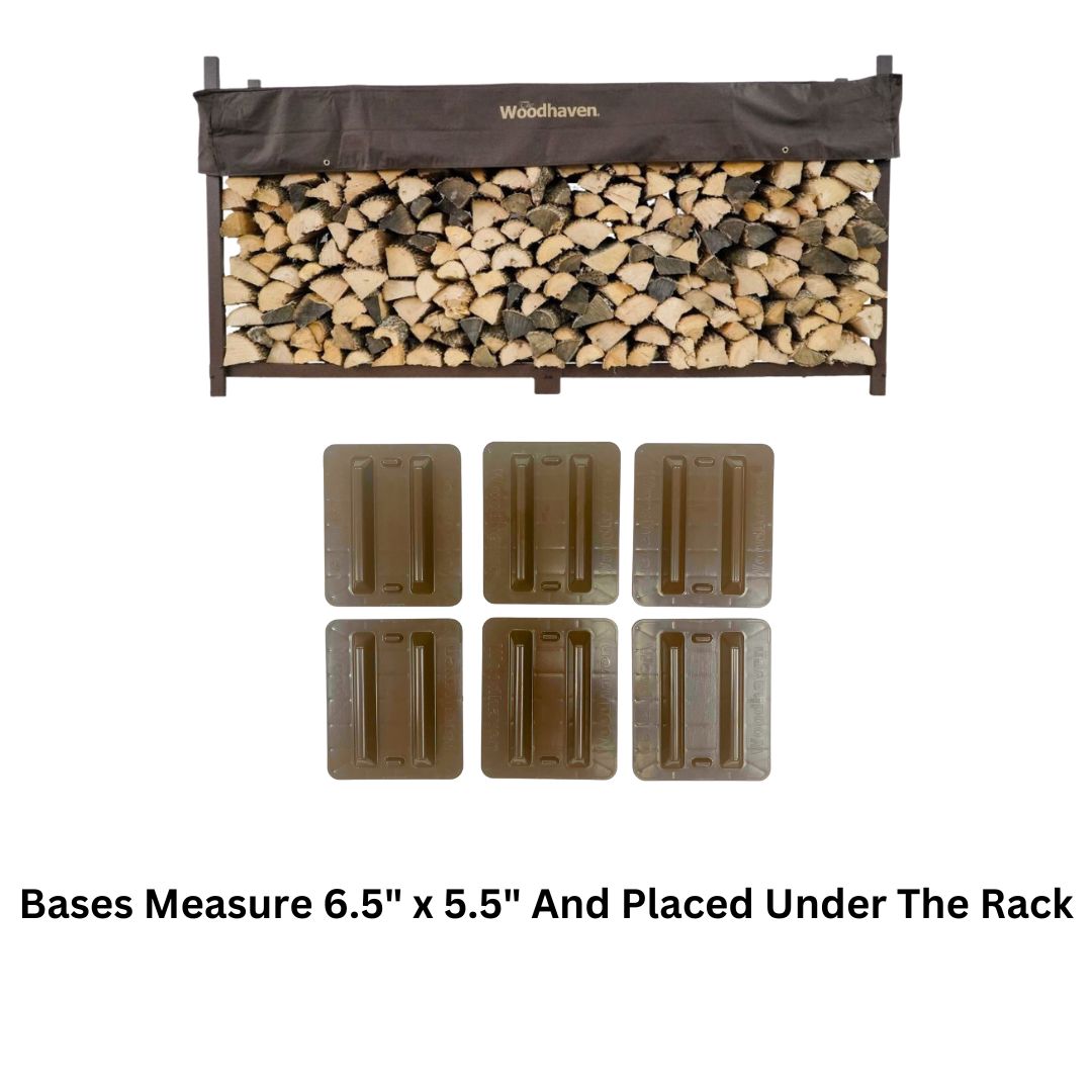 The Woodhaven 8 ft Steel Firewood Rack in black and brown with optional seasoning cover and support bases