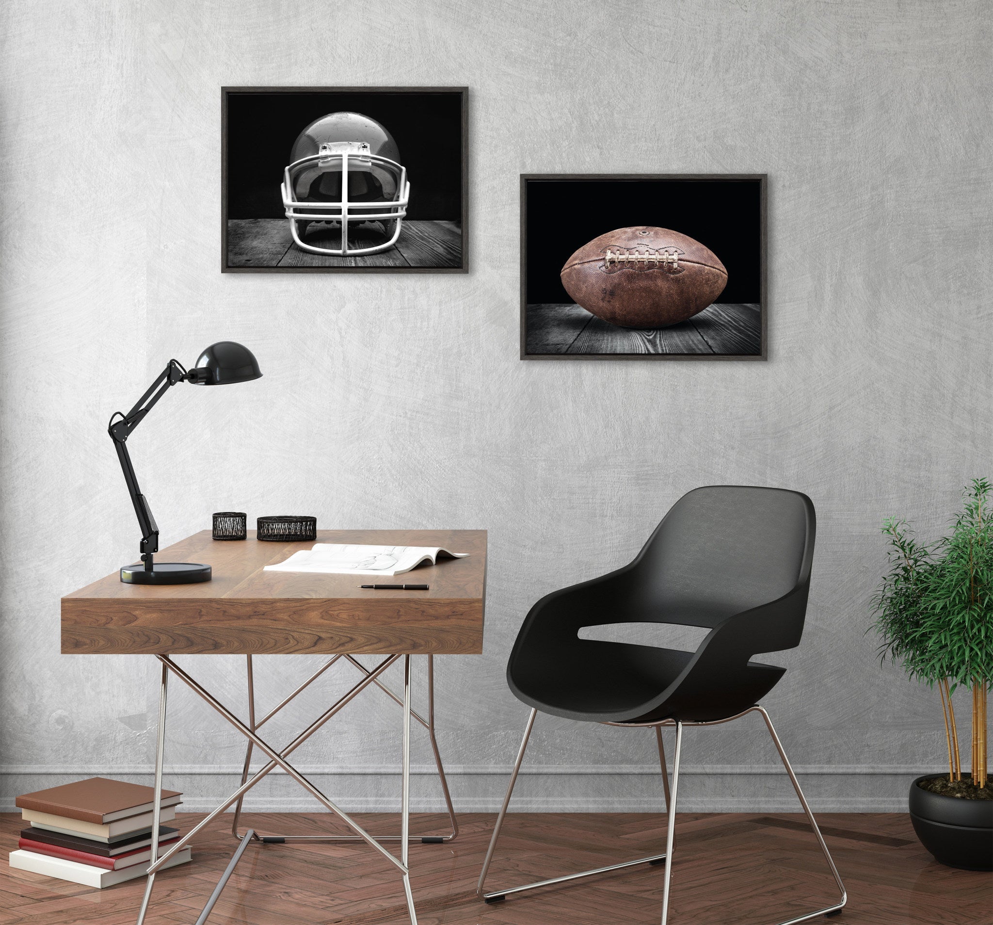 Sylvie Vintage Football Helmet on Black and Vintage Football on Black Framed Canvas Art Set by Saint and Sailor Studios