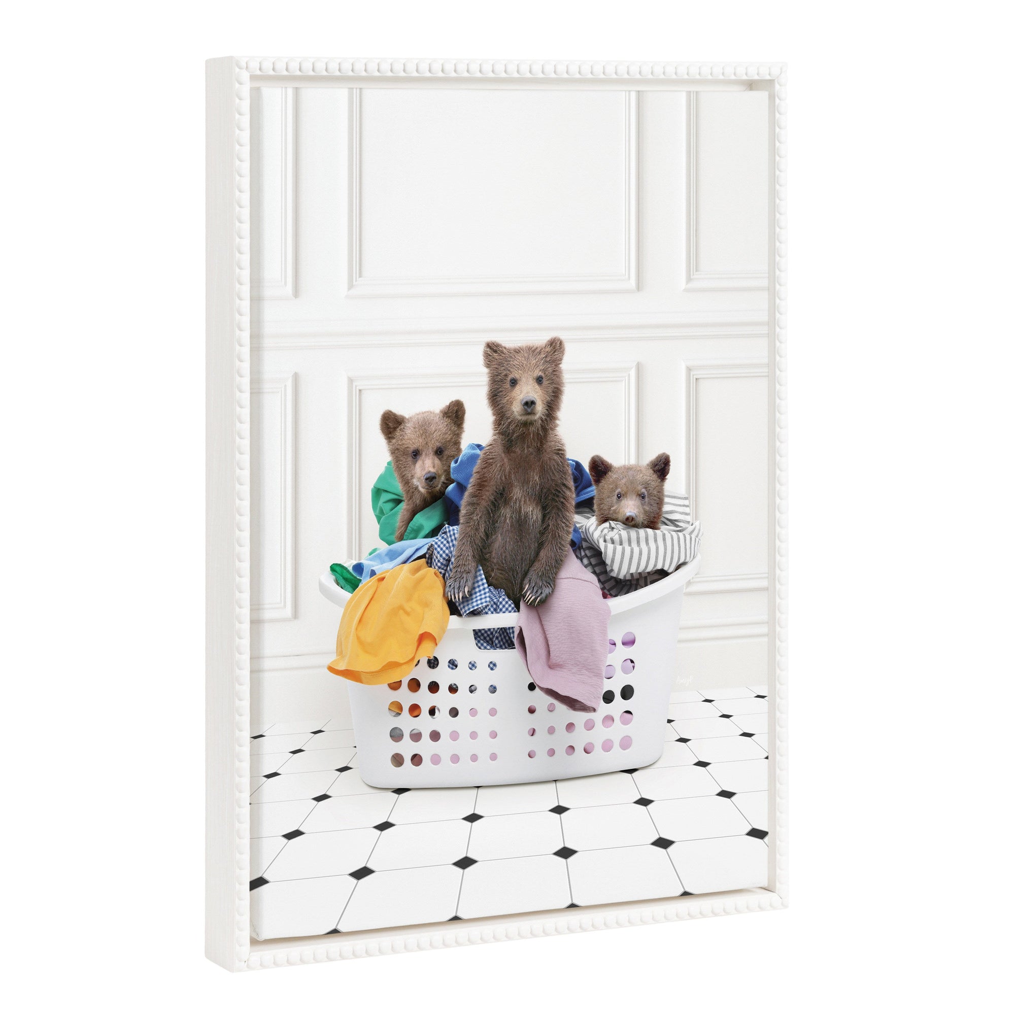 Sylvie Beaded Three Bears In Laundry Basket Classic White Style Framed Canvas by Amy Peterson