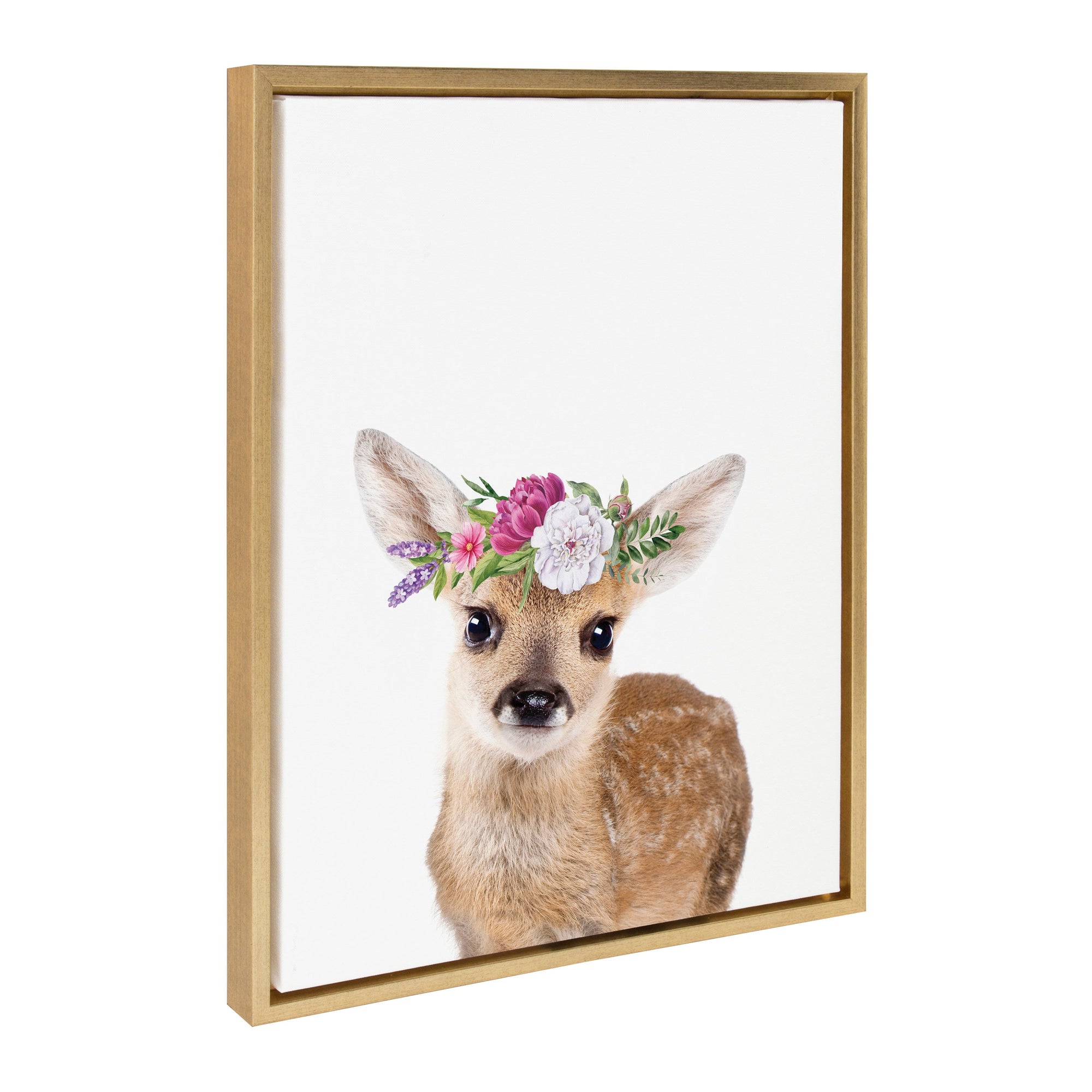 Sylvie Flower Crown Fawn framed canvas art showing a fawn adorned with a flower crown against a natural-colored frame