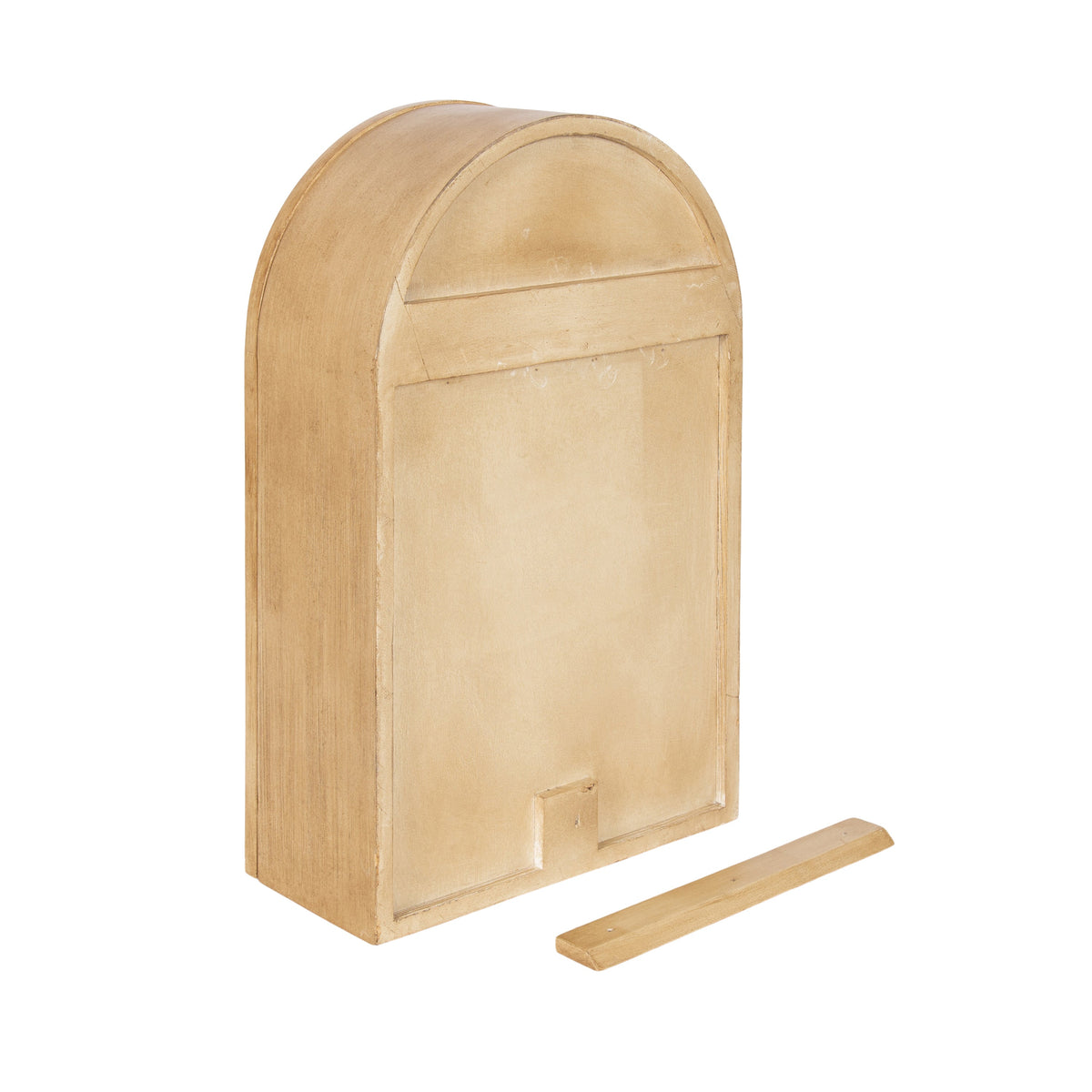 Arched wall cabinet made from light tan rattan with a rectangular door panel and a separate matching trim piece below, shown against a white background.
