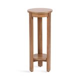 Tall round wooden side table with four straight legs and a small circular shelf near the base, finished in warm medium brown wood tone.
