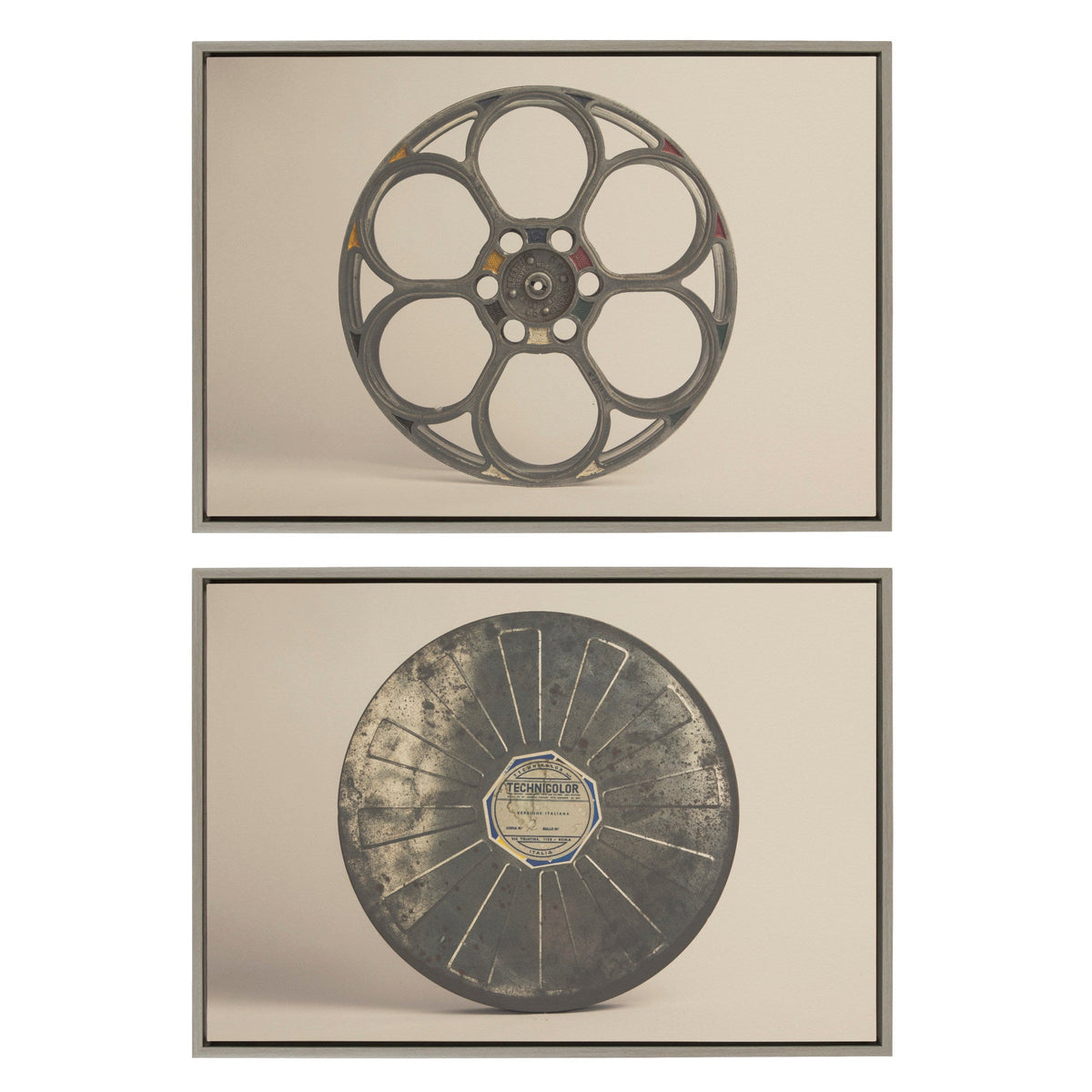 Two framed sepia-toned canvas prints featuring a classic movie reel with petal-shaped openings above a vintage metal film canister labeled Technicolor, both against beige backgrounds.