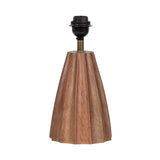 Scalloped wooden table lamp base with vertical grooves and a warm brown finish, topped with a black and brass bulb socket.