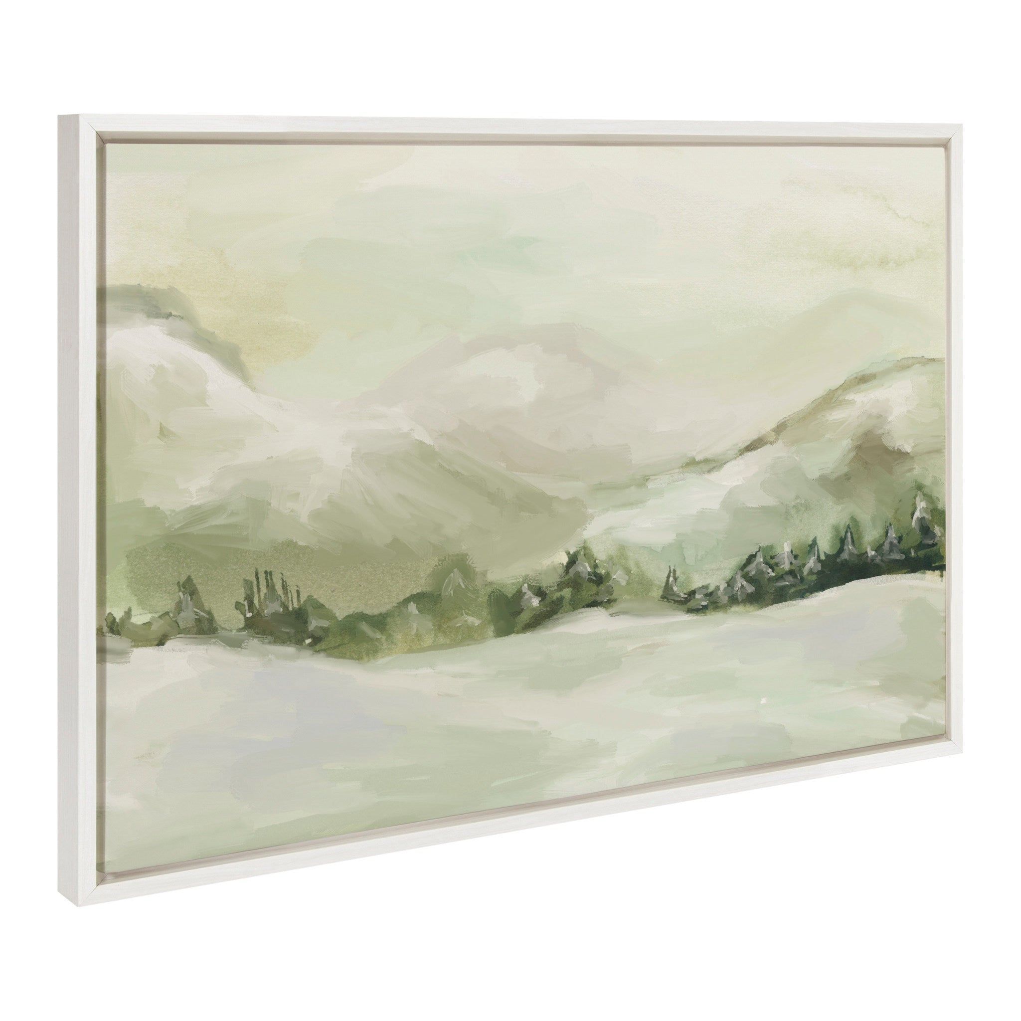 Framed canvas art depicting a serene winter forest path in shades of white and blue by Annie Quigley