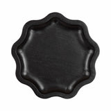 Top view of a black scalloped wooden drink table with smooth curves and a recessed center surface.