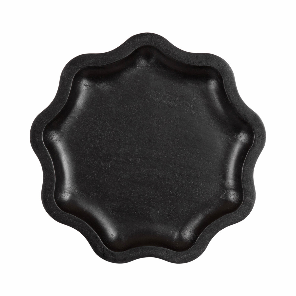 Top view of a black scalloped wooden drink table with smooth curves and a recessed center surface.