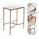 Rectangular side table with brushed gold metal frame, glass mirror tabletop, and distinctive rounded arch design on legs, shown with assembly details and dimensions.