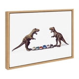 Two brown toy dinosaurs facing each other with a row of six small vintage toy cars between them on a white background, framed in light wood.