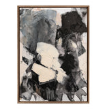 Abstract expressionist painting with layered gray, black, and white brushstrokes framed in natural wood, featuring soft blending and bold dark shapes on canvas.