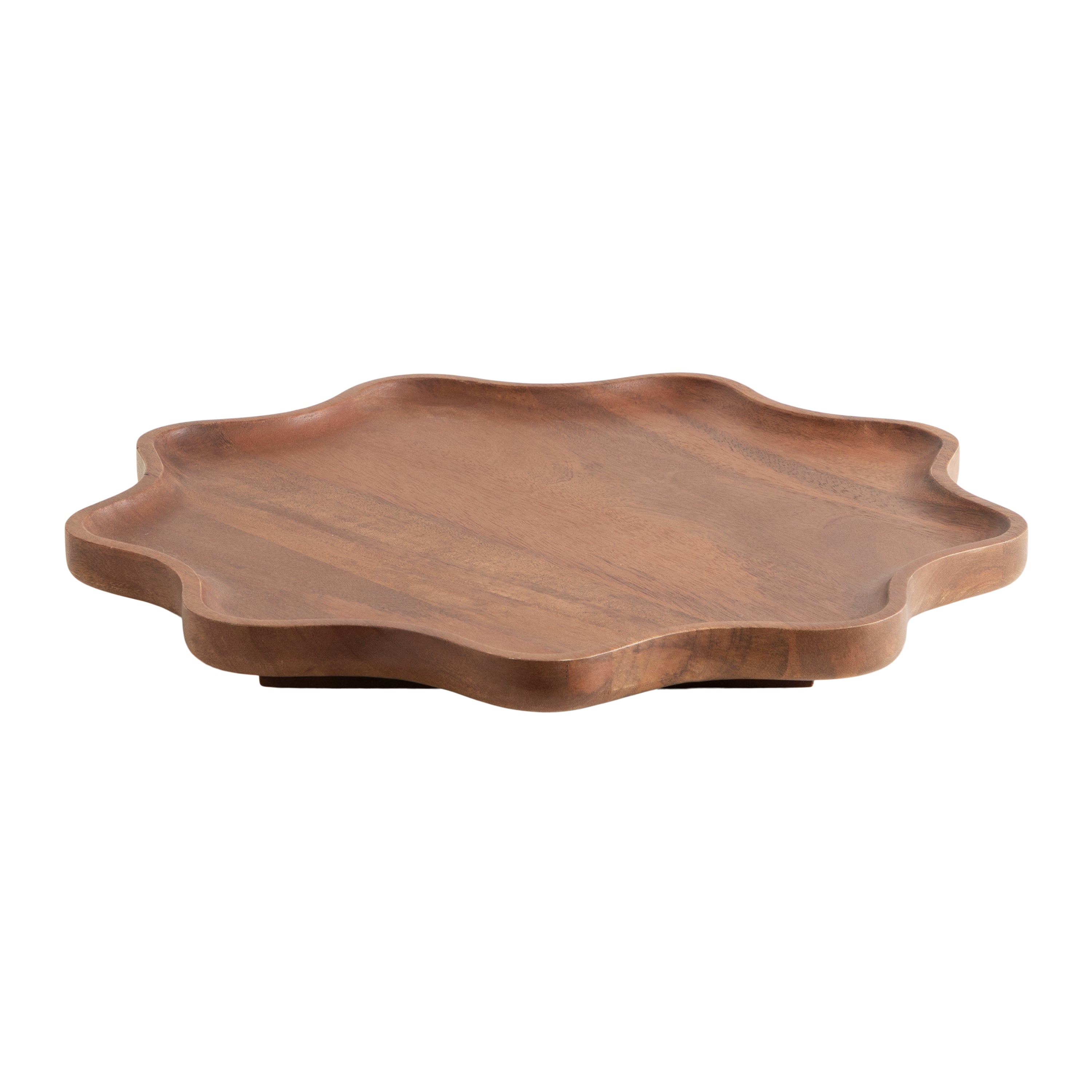 Alezar Wood Lazy Susan Tray with scalloped edges in solid mango wood, displayed on a surface with various small jars and containers