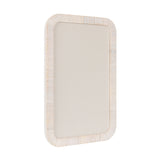 Rectangular fabric pinboard with rounded corners and a textured light wood frame surrounding a beige fabric surface, photographed against a white background at an angle.