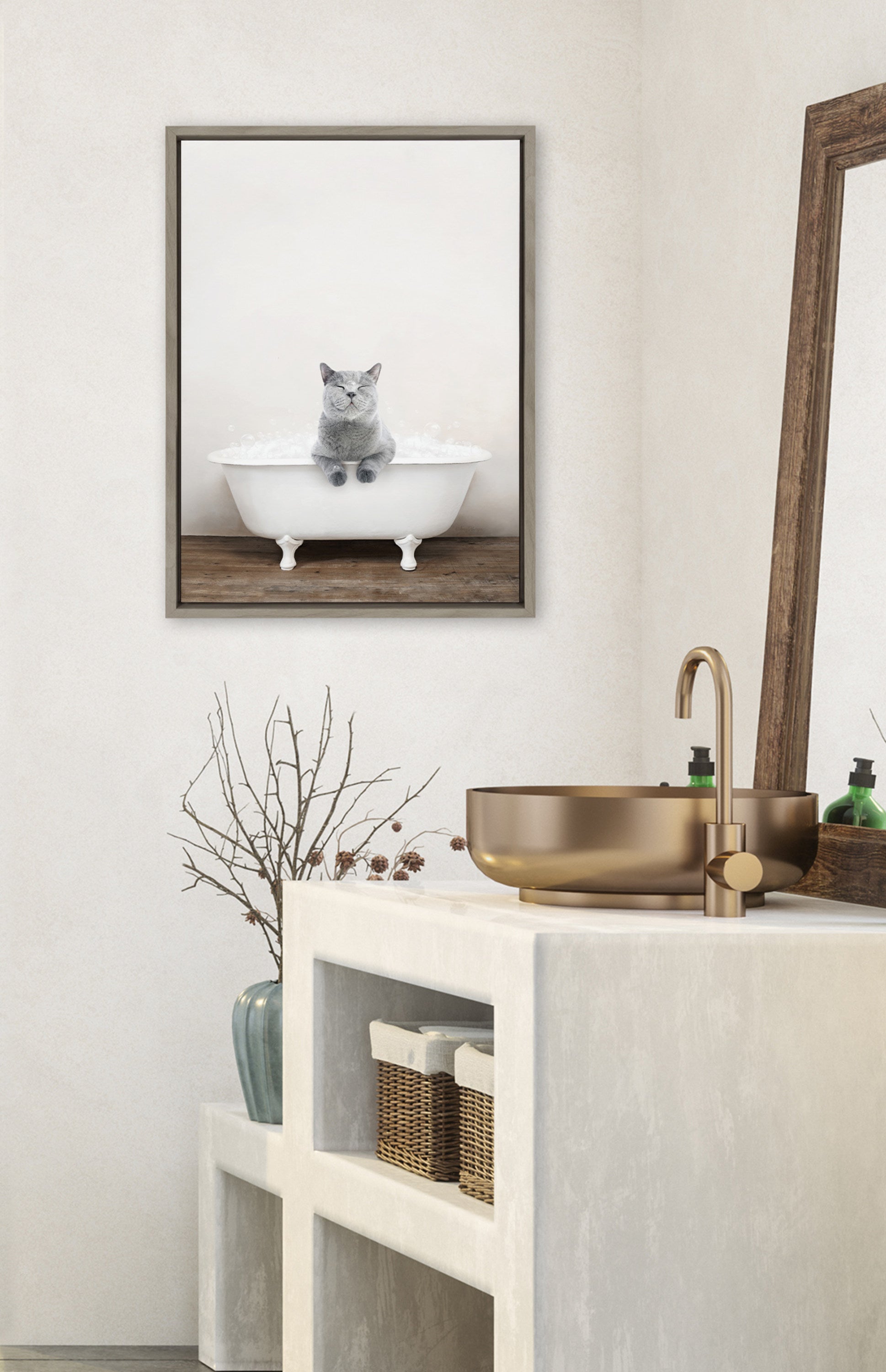 Sylvie Cat in Rustic Bath Framed Canvas by kateandlaurel - product image 4 for Resin Society