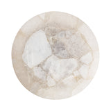 Round marble table top with a natural mosaic of beige, white, and light gray stone fragments in irregular shapes.