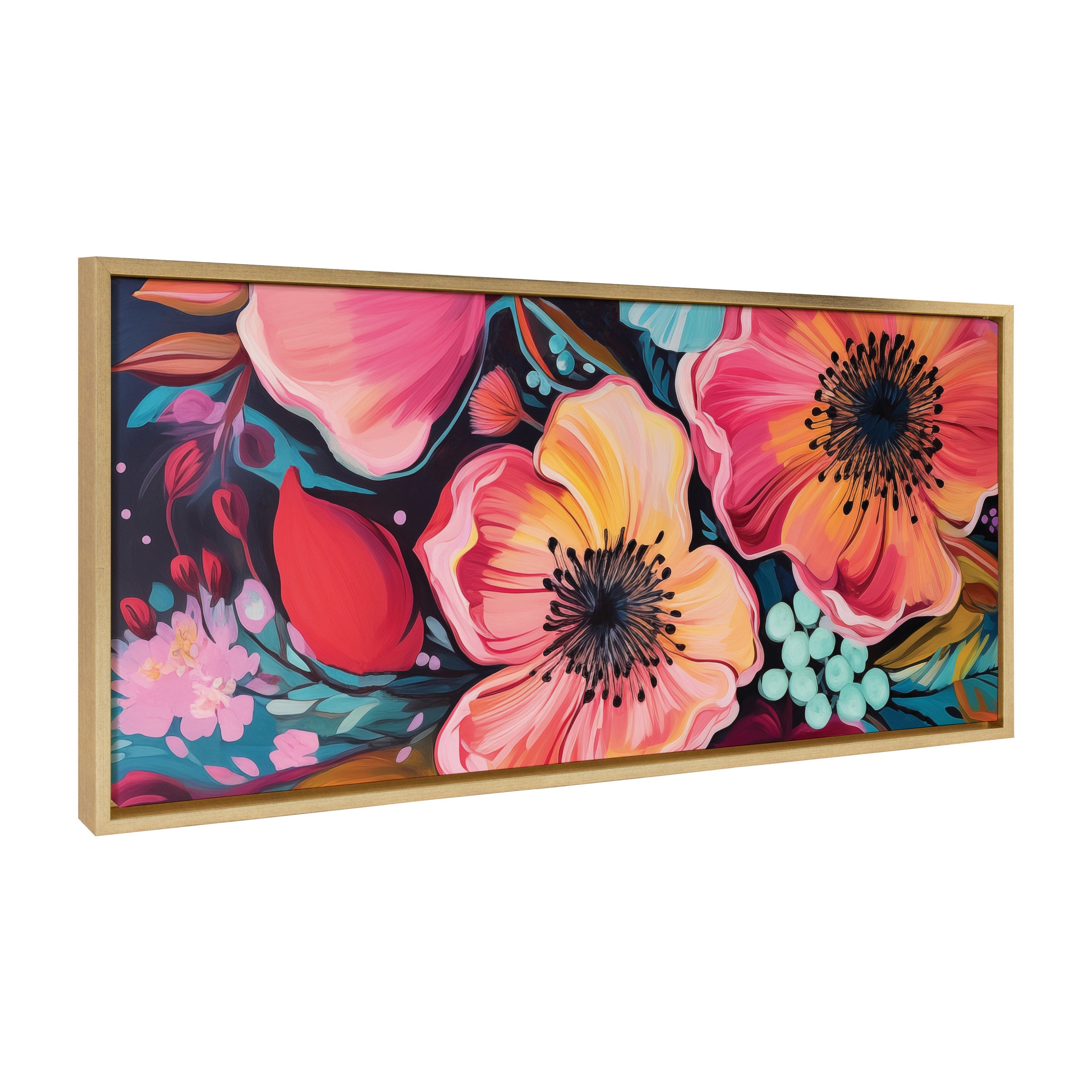 Sylvie Preppy Boho Aesthetic Colorful Floral Group Framed Canvas showing flowers in warm tones with natural color polystyrene frame.