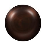 Top view of a round, smooth metal bowl with a deep brown, warm patina and subtle gradient highlights, lacking visible ribbing or texture.