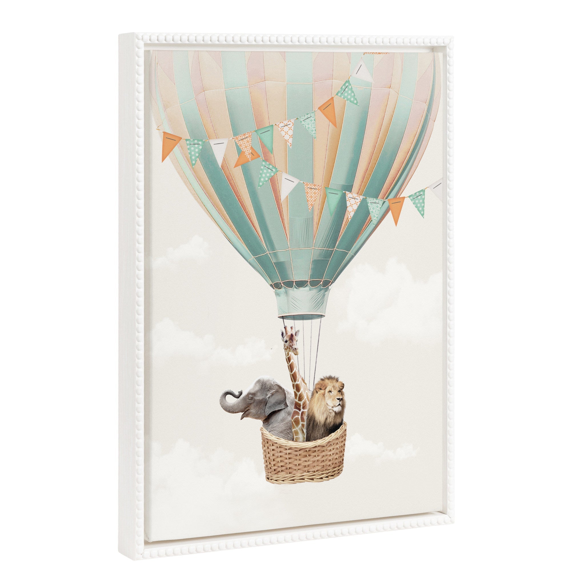 Sylvie Beaded Hot Air Balloon Travel Framed Canvas art showing zoo animals in a hot air balloon with vintage beaded frame