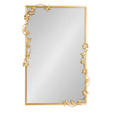 Rectangular mirror with a gold metal frame featuring decorative gold floral and leaf motifs winding along the left, right, and bottom edges.