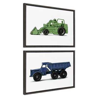 Sylvie Vintage Toy Tractor and Dump Truck Framed Canvas Art Set by Saint and Sailor Studios